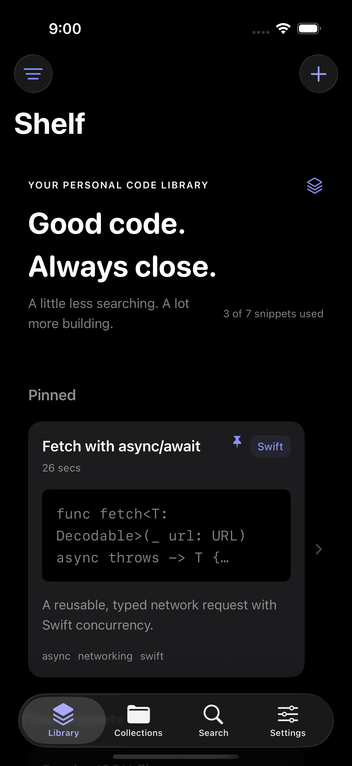 Shelf’s Library in dark mode, showing a pinned Swift async/await snippet.